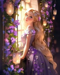 a painting of a girl with long blonde hair wearing a purple dress and flowers in front of a window