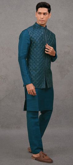 Blue color Kurta Pyjama with Jacket in Silk fabric with Embroidered, Thread work Traditional Blue Sets For Winter, Blue Long Sleeve Kurta For Winter, Blue Nehru Jacket With Stand Collar For Winter, Traditional Blue Winter Sets, Fitted Blue Outerwear For Festive Season, Blue Long Sleeve Winter Kurta, Blue Winter Nehru Jacket With Stand Collar, Blue Nehru Jacket With Stand Collar For Festive Occasions, Festive Blue Nehru Jacket With Stand Collar