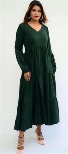 Green color Gown in Silk fabric with Thread work Long Green Solid Color Dress, Luxury Solid Color Full-length Gown, Modest Solid Color Maxi Dress For Wedding, Solid Floor-length Dress With Ruffles, Floor-length Ruffled Dress, Modest Green A-line Dress, Modest Green Maxi Length Dress, Green A-line Maxi Dress, Solid Color Plain Maxi Dress