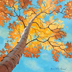 a painting of an autumn tree with yellow leaves