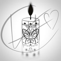 a black and white drawing of a candle with a butterfly on it's side