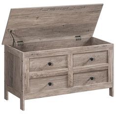 an open chest with drawers on one side and two doors at the top, in front of a white background