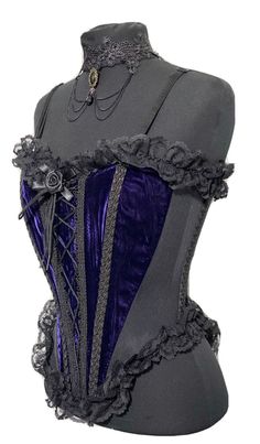 H5/2 #Rm23N This is Purple with black laces Victorian design boned front corseted  corset with back ykk zip up, Corset had adjustable bra straps which can be removed or tucked Inside, corset sides are black Lycra panels for good fitting  Front has black shoe laces ribbons and lots of elegant black braids and frills all around with Corseted. Front rose bow has back pin which is detachable is included in this sale .  Neck black choker is not part of this sale  Please refer to photos  3 Sizes Avail Purple Corset Dress With Fitted Bodice, Punk Overbust Halloween Corset, Purple Corset Dress With Corset Back, Purple Corset Back Dress, Halloween Overbust Corset For Costume Party, Punk Overbust Corset For Cosplay, Costume Party Ruffled Corset With Fitted Bodice, Halloween Costume Party Overbust Corset, Fitted Purple Corset Dress With Boned Bodice