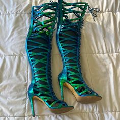 Like A New Worn Once What A Statement Peas Size 8 Boots. Statement Boots, Gothic Angel, Bad Girl, Over The Knee Boots, Over The Knee, Peas, Knee Boots, The Knee, Blue Green