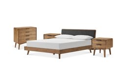 a bed with two nightstands and a night stand next to it on a white background