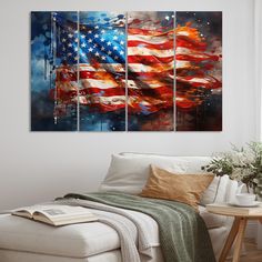 the american flag is painted on three paneled canvases in this living room setting