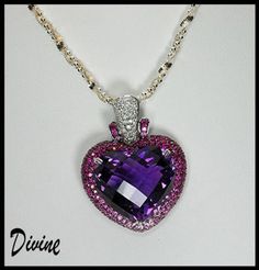 "IMPORTANT...CLICK ON ( + MORE) BELOW TO SEE ALL SPECS & DETAILS JEWELRY STORE RETAIL....$7,988.00 GLAMOROUS LUXURY 18k HUUUGE EYE GRABBING HEART PENDANT...AMAZING SPARKLE!! Over 45 carats of gems set in 18k white gold. The approx. 42 carat checkerboard cut solitaire heart with near flawless sparkle & RICH COLOR, surrounded by shaded gemstone as well as white diamonds. The heart dangels off a larger sparkling white diamond bale. The back is almost as pretty as the front as she has a beau Luxury Diamond Solitaire Necklace With Heart Pendant, Luxury Purple Diamond Necklace, Luxury Pink Sapphire Jewelry For Anniversary, Luxury Pink Heart Cut Necklace, Formal Amethyst Jewelry For Valentine's Day, Luxury Pink Sapphire Jewelry For Weddings, Luxury Pink Sapphire Wedding Jewelry, Luxury Kunzite Jewelry With Accent Stones, Pink Sapphire Pave Wedding Jewelry