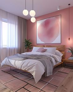 a bed sitting in a bedroom next to a window with pink walls and wooden flooring