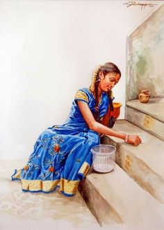 a painting of a woman sitting on the steps with a bucket and paintbrush in her hand