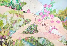 a painting of a woman with flowers in her hair laying on the ground and blowing bubbles