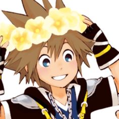 an anime character with flowers in his hair