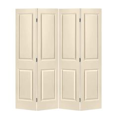 three paneled white room divider with doors on each side and one door open