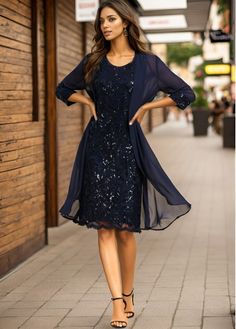 Color:Navy;Size:S;Size:M;Size:L;Size:XL;Size:XXL;Package Contents:1 X Dress;Occasion:Work;Style:Elegant; Dress And Cardigan, Barista Fashion, Dress Occasion, Lovely Tops, Work Style, Navy Lace, Evening Outfits, Navy Dress, Dress With Cardigan