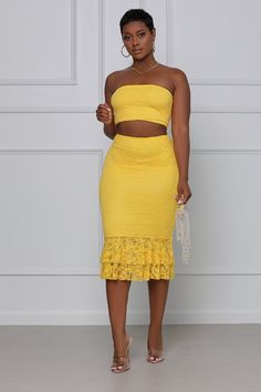 Melody Lace Bandeau 2 Piece Midi Skirt Set - Atlanta Shoe Studio 2 Piece Outfit Set Skirts, 2 Piece Outfit Set, Midi Skirt Set, 2 Piece Skirt, Yellow Clothes, Mermaid Design, 2 Piece Skirt Set, 2 Piece Outfit, Lace Bandeau