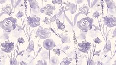 watercolor flowers and butterflies on a white background with purple hues in shades of lilac