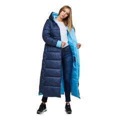 Maxi Quilted Hooded Coat Waterproof and Windproof Long Jacket This women's winter puffer coat is made from raincoat fabric and features a semi-fitted silhouette with set-in sleeves. The attached hood adds extra warmth and protection. Outer Fabric: Raincoat fabric, insulated with silicone Lining: Raincoat fabric Decorative Details: Seams, stitching, zipper trim, and patches Pockets: Hidden zipper pockets in the front seams Closure: Zipper and snap buttons Sleeve Length: 65 cm with a cuff, or 72 c Insulated Outerwear For Winter Outdoor Activities, Winter Waterproof Hooded Puffer Jacket, Waterproof Hooded Winter Puffer Jacket, Waterproof Hooded Jacket For Winter Sports, Sporty Weatherproof Winter Puffer Jacket, Nylon Outerwear With Double-lined Hood For Winter Sports, Winter Insulated Outerwear For Hiking, Insulated Parka For Winter Sports, Insulated Winter Outerwear For Hiking