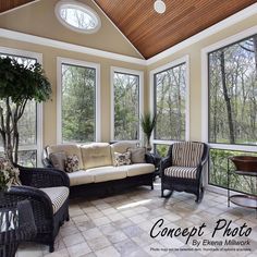 a living room filled with furniture and windows covered in wood planks on the ceiling