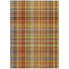 an orange and yellow plaid rug on a white background with the colors of red, green,