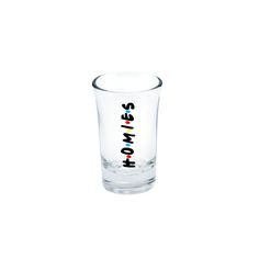 a shot glass with the word'friends'printed on it, sitting in front of a white background