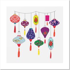 colorful lanterns hanging from strings with tassels and flowers on them, against a white background