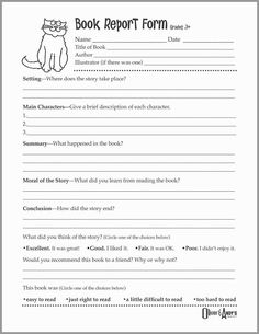 the book report form is shown with an image of a cat and a dog on it