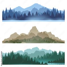 three different types of mountains with trees in the foreground and fog in the background