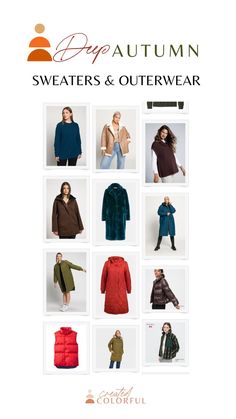 an advertisement for sweaters and outerwear with images of women's coats, hoodies and jackets