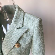 mint green event blazer lapel collar weaved blazer for work classic 'Chanel' style jacket for sale #blazer #blazerjacket #slimblazer #wool #slimjacket #jackets Fitted Spring Tweed Jacket With Buttons, Spring Formal Double-breasted Tweed Jacket, Trendy Long Sleeve Tweed Jacket For Office, Trendy Fitted Tweed Jacket For Spring, Classic Double-breasted Tweed Jacket For Spring, Classic Double-breasted Spring Tweed Jacket, Single-breasted Button-up Tweed Jacket For Spring, Classic Spring Double-breasted Tweed Jacket, Fitted Spring Tweed Jacket With Lapel Collar