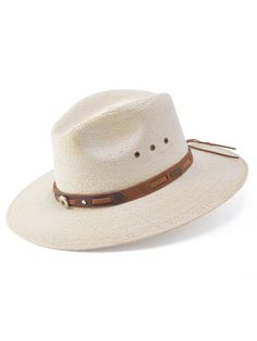 Stetson Chambers Palm straw Aussie hats.  The Chambers firm finish straw hat features a 3" brim with a 3 1/2" pinch front crown, leather accented hat band, 6 eyelets for ventilation and a Drilex sweatband for all day comfort. Clean with a soft brush. Made in Mexico. Style #OSCHMB-3830 Content: Palm Straw Aussie Hat, Glen Cove, Mexico Style, Straw Hats, Hat Band, Dressing Room, Straw Hat, Caps Hats, Accessories Hats