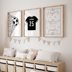 three framed pictures hang on the wall above a wooden bench with pillows and throw pillows