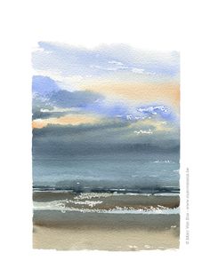 watercolor painting of an ocean scene with clouds