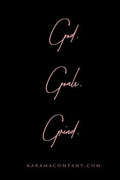 the words god, grade, and grind are in pink ink on a black background