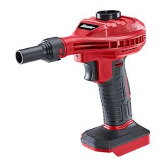 a red and black cordless drill on a white background