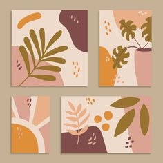 four square paintings with leaves and plants in them on a beige background, set of three