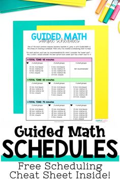 the guided math schedule is shown with markers, pens and pencils on top of it