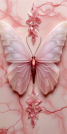 a pink and white butterfly on a marble surface with flowers in the center, as if it were an art work