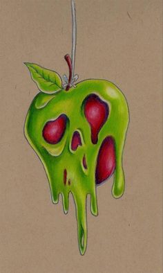 a drawing of a green apple with red spots and a leaf on it's side