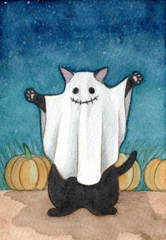 a painting of a cat dressed as a ghost