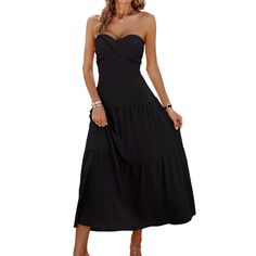 Black Twisted Bandeau Ruched Swing Maxi Dress Black Ruched Bandeau Strapless Dress, Strapless Ruched Maxi Dress In A Solid Color, Solid Strapless Ruched Maxi Dress, Black Silk Ruched Maxi Dress, Strapless Black Midi Dress With Ruched Bodice, Black Strapless Midi Dress With Ruched Bodice, Black Sleeveless Maxi Dress With Ruched Back, Bandeau Black Maxi Dress, Black Ruched Off-shoulder Maxi Dress