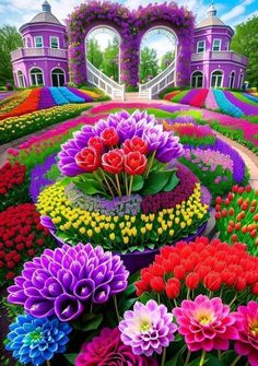 colorful flowers are in the middle of a flower garden