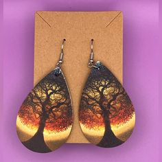 Teardrop Earrings Featuring A Tree At Sunset (Or Sunrise). Printed On Both Sides, Faux Leather. Blue Beaded Earrings, Rose Gold Earrings Studs, Bling Earrings, Tree Earrings, Simple Stud Earrings, Rose Gold Studs, Mismatched Earrings, Earring Tree, Cz Stud Earrings