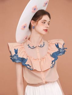 blue rabbit embroidery collar blouse – remulia Blue Doll Collar Top For Spring, Moon In The Night Sky, Rabbit Embroidery, Embroidery Collar, Blue Rabbit, Rabbit Drawing, Moonlit Night, Night Forest, Two Birds