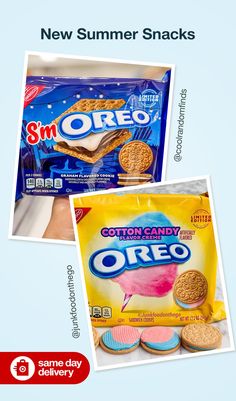 two bags of oreo cookies and one bag of ice cream are on the same page