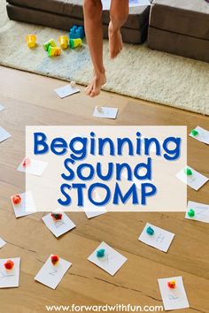 a child's feet on the floor with words beginning sound stomp in front of them