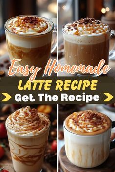 two cups of coffee with whipped cream on top and the words easy homemade latte recipe get the recipe