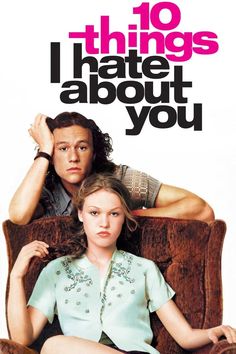 the movie poster for 10 things i hate about you is shown with two people sitting on a chair