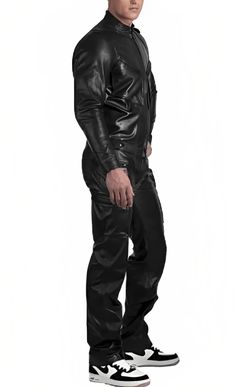 Men's Leather Jumpsuit In Black With Straps This men's leather jumpsuit in black is made out of lambskin, meaning it is soft and supple to the touch. This mens leather jumpsuit features a band at the collar and button on the cuffs, with two patch pockets on the sides and two side pockets that come at an angle on each leg. Outer Shell: Real Leather Leather Type: Lambskin Leather Finish: Semi-aniline Closure Style: Zipper Collar Style: Band Cuffs Style: Button Outside Pockets: Two Patch Pockets, T Black Leather Jumpsuit, Unique Jumpsuits, Leather Shorts Women, Short Leather Skirts, Leather Jumpsuit, Instagram Men, Stylish Jumpsuit, Studded Jacket, Distressed Jacket