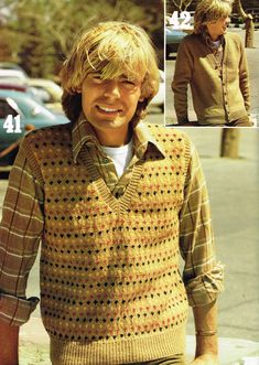 PDF men's knitting pattern. From 1981, a classic knitting pattern for a men's sweater vest and matching cardigan.  Please scroll through above pictures to find out more information on sizes, materials & needles used! Originally printed in England, instructions are in English only. Found the pattern you love but it's not in your size? Not to worry! Check out By Gum By Golly's series on her blog about resizing vintage patterns. - http://blog.bygumbygolly.com/2011/02/briar-rose-vintage-kal-resizing Vintage Knitwear Men, 60s And 70s Fashion Men, 1980s Fashion Mens, Mens Knitted Vest, Vest Men Outfit, Knitting Patterns Sweater, 70s Sweater Vest, 1980s Mens Fashion, 60s Mens Fashion