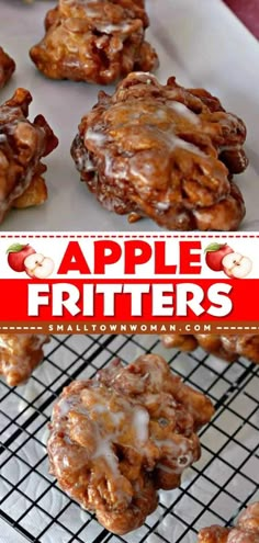 apple fritters on a cooling rack with apples in the background and text overlay