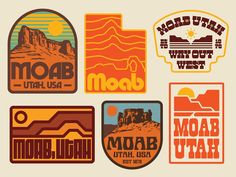 four different stickers with the words moab utah and mountains in them, all designed by hand